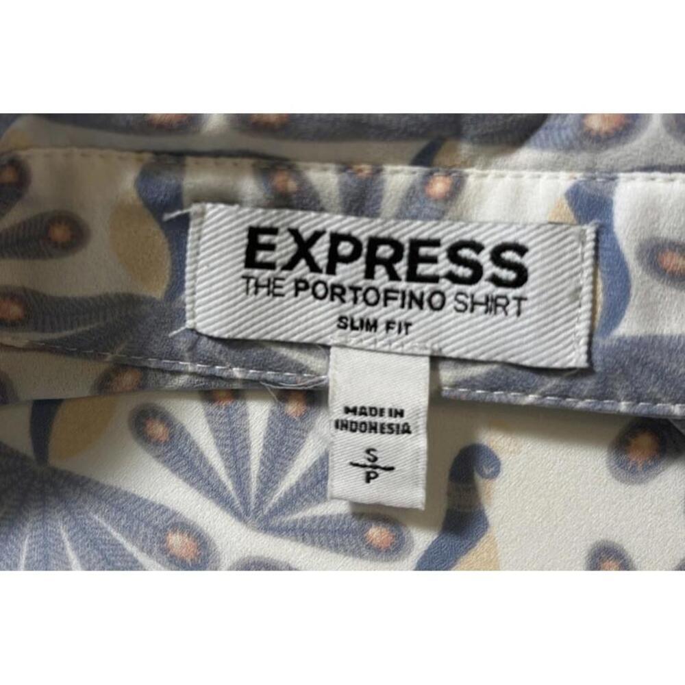 Express Portofino Shirt Slim Fit Blue Peacock Print Long Sleeve Small - Picture 7 of 8